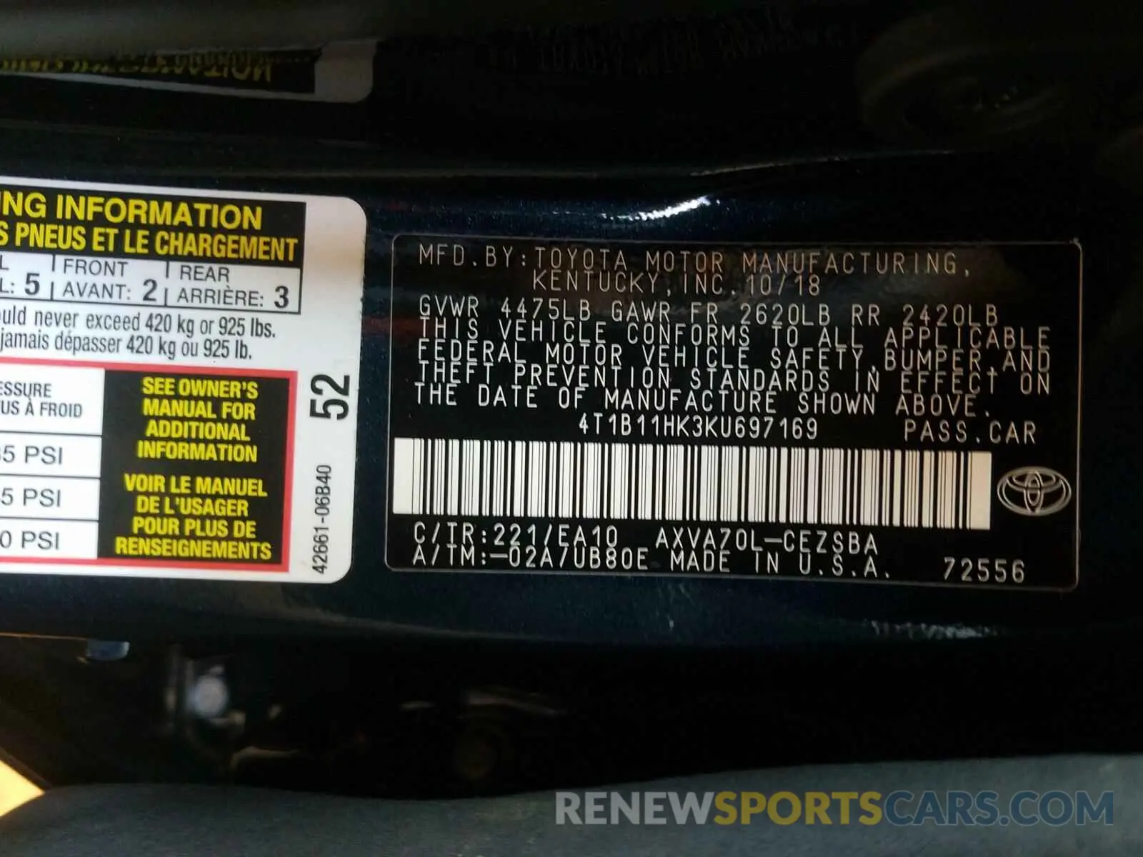 10 fotografías del automóvil dañado 4T1B11HK3KU697169 TOYOTA CAMRY 2019