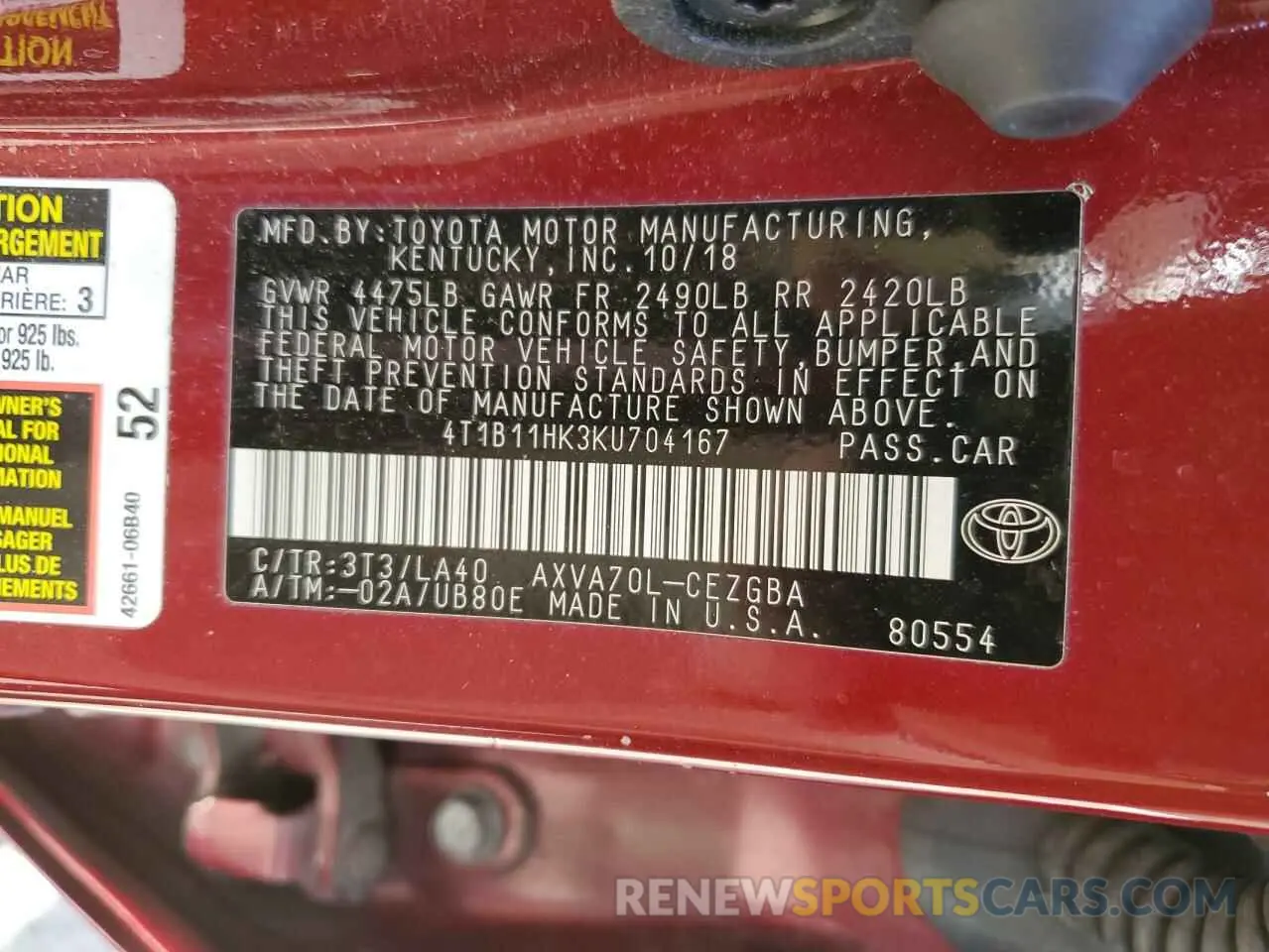 12 fotografías del automóvil dañado 4T1B11HK3KU704167 TOYOTA CAMRY 2019