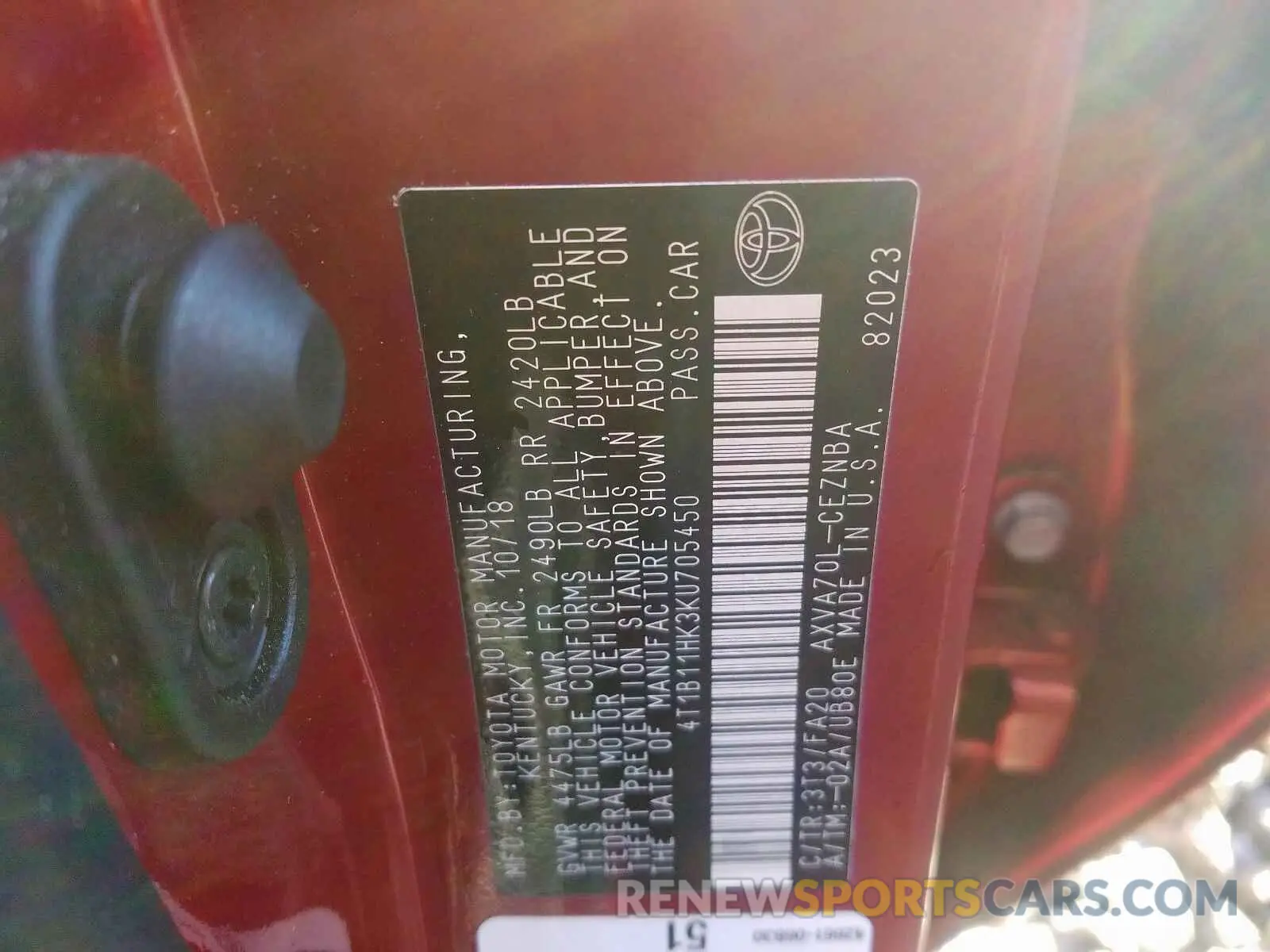 10 fotografías del automóvil dañado 4T1B11HK3KU705450 TOYOTA CAMRY 2019