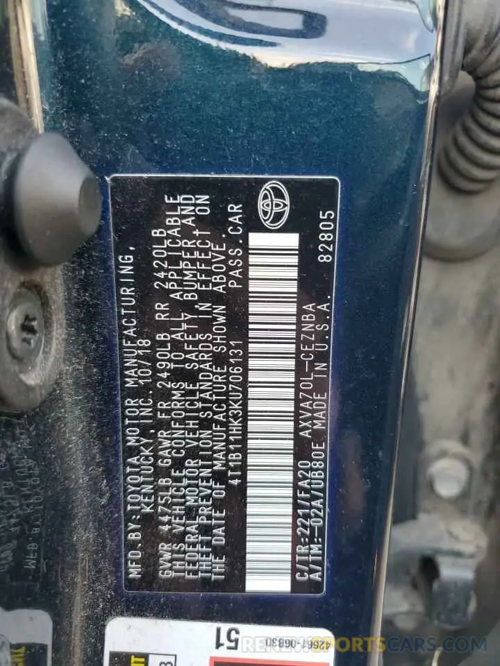 12 fotografías del automóvil dañado 4T1B11HK3KU706131 TOYOTA CAMRY 2019