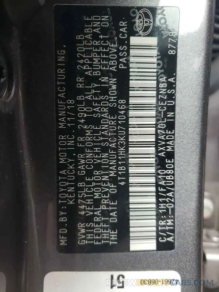 12 fotografías del automóvil dañado 4T1B11HK3KU710468 TOYOTA CAMRY 2019