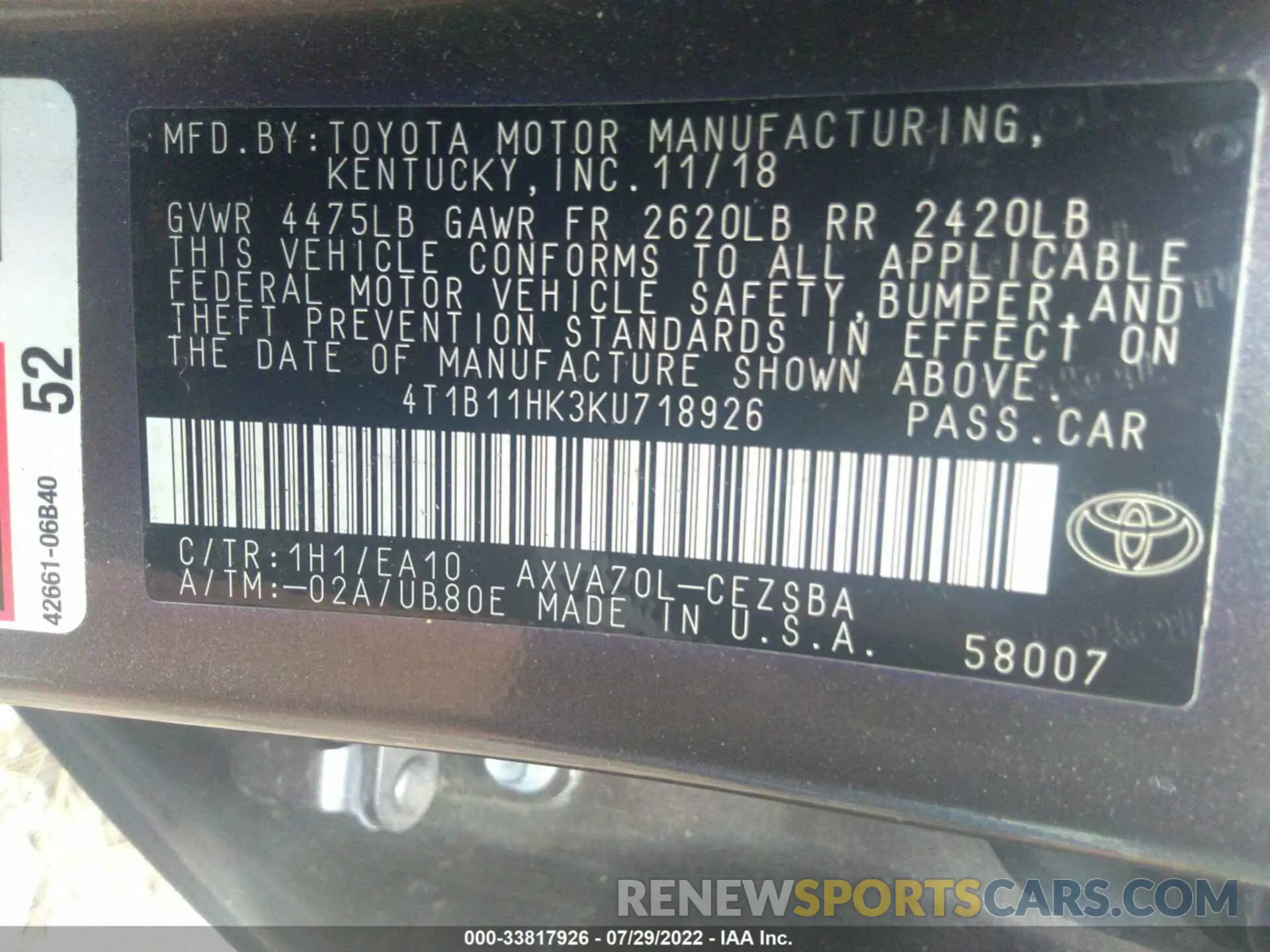 9 fotografías del automóvil dañado 4T1B11HK3KU718926 TOYOTA CAMRY 2019
