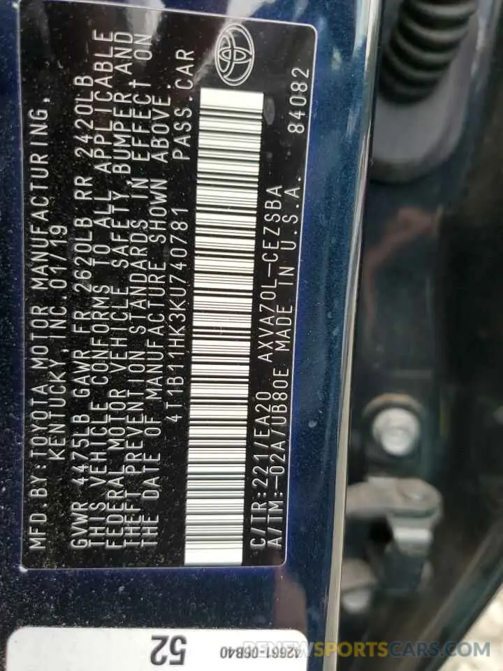 12 fotografías del automóvil dañado 4T1B11HK3KU740781 TOYOTA CAMRY 2019