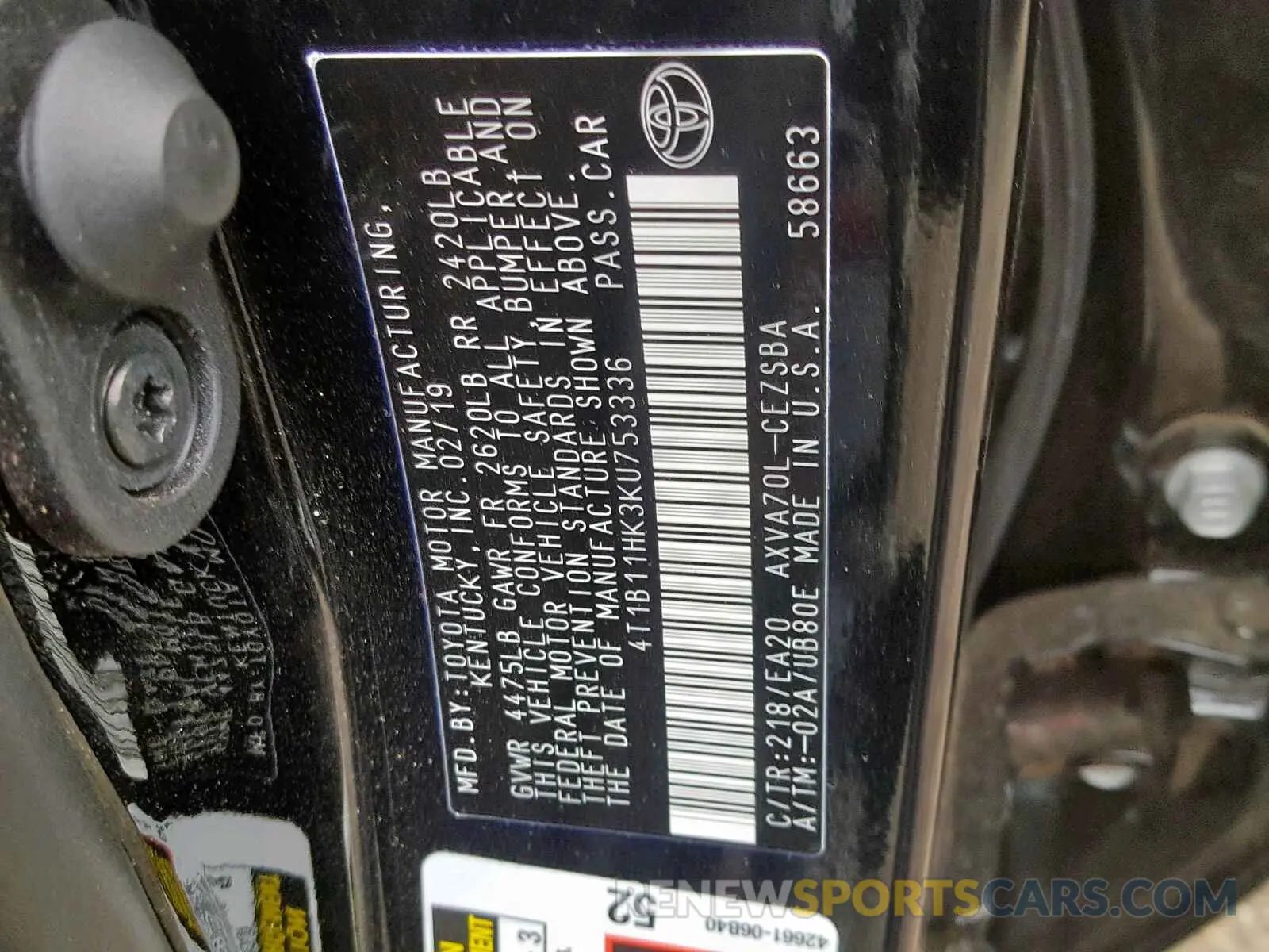 10 fotografías del automóvil dañado 4T1B11HK3KU753336 TOYOTA CAMRY 2019