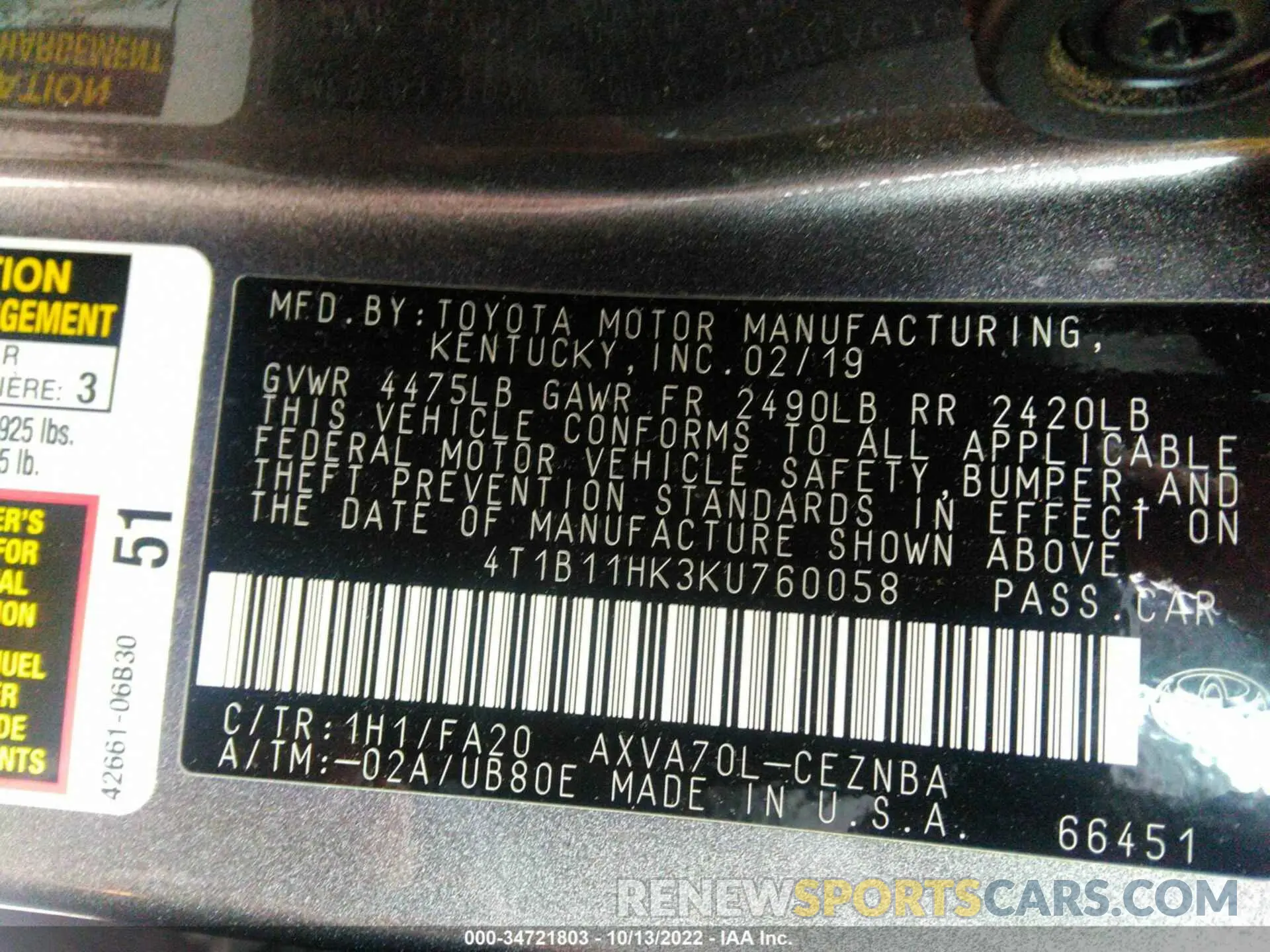 9 fotografías del automóvil dañado 4T1B11HK3KU760058 TOYOTA CAMRY 2019
