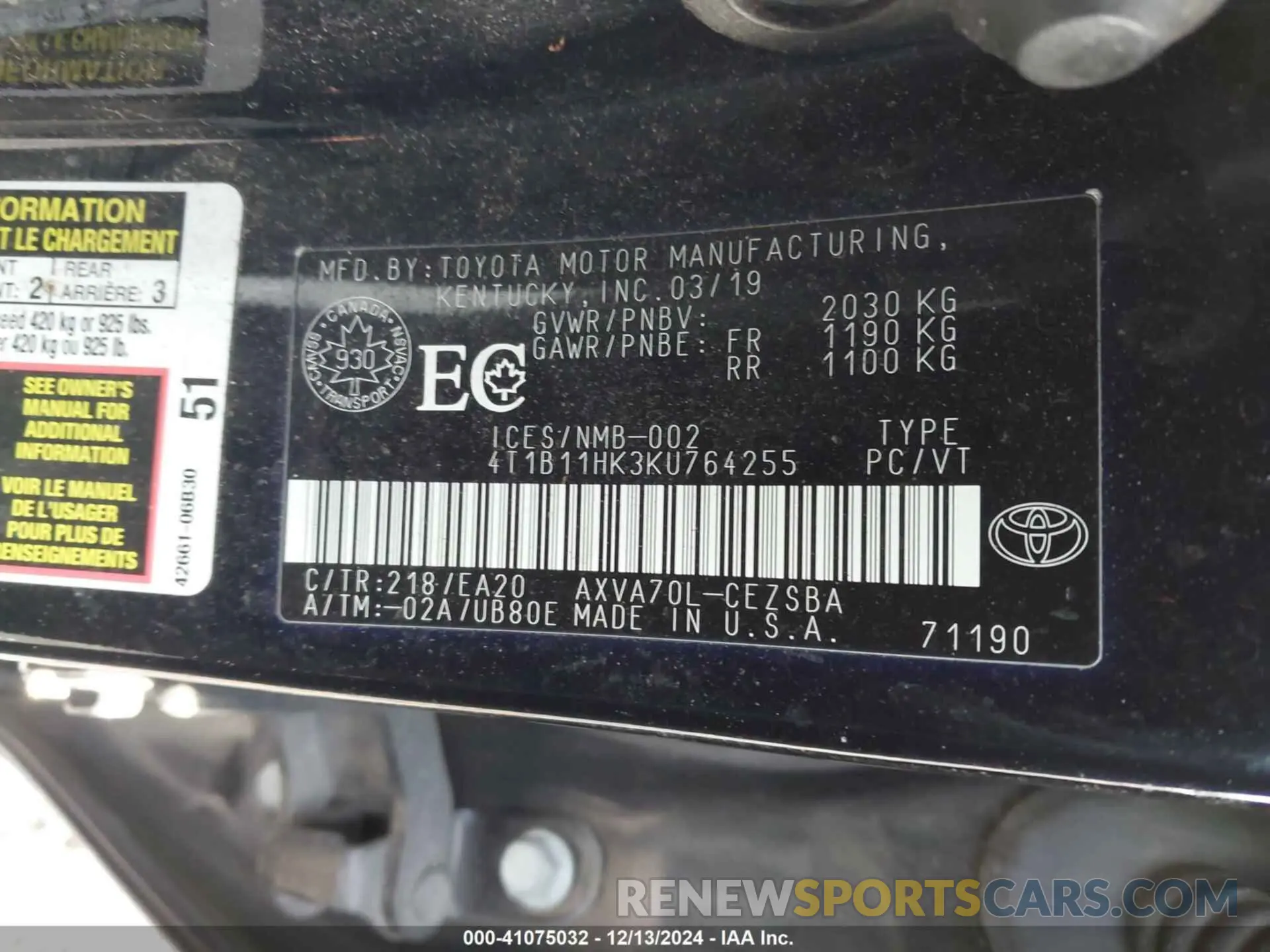 9 fotografías del automóvil dañado 4T1B11HK3KU764255 TOYOTA CAMRY 2019