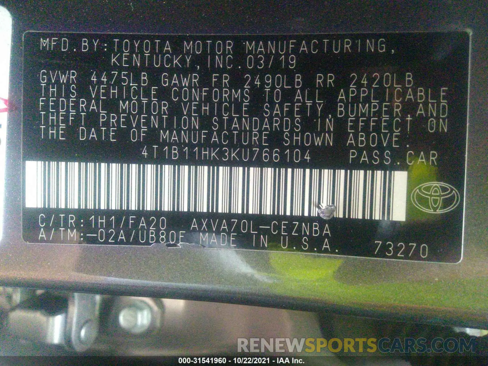 9 fotografías del automóvil dañado 4T1B11HK3KU766104 TOYOTA CAMRY 2019