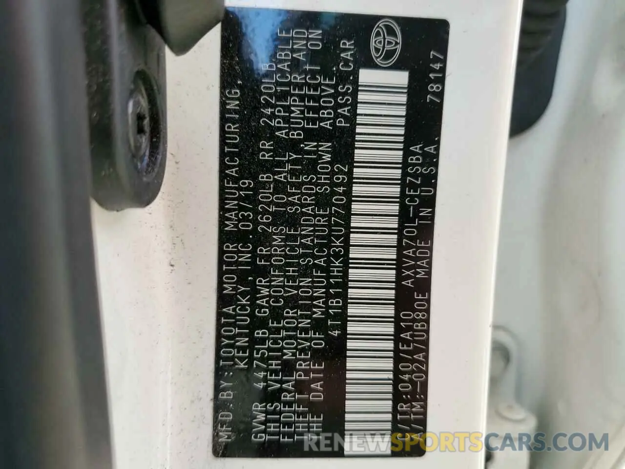 10 fotografías del automóvil dañado 4T1B11HK3KU770492 TOYOTA CAMRY 2019