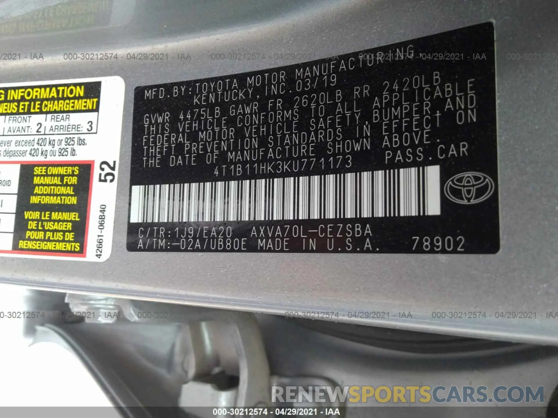 9 fotografías del automóvil dañado 4T1B11HK3KU771173 TOYOTA CAMRY 2019