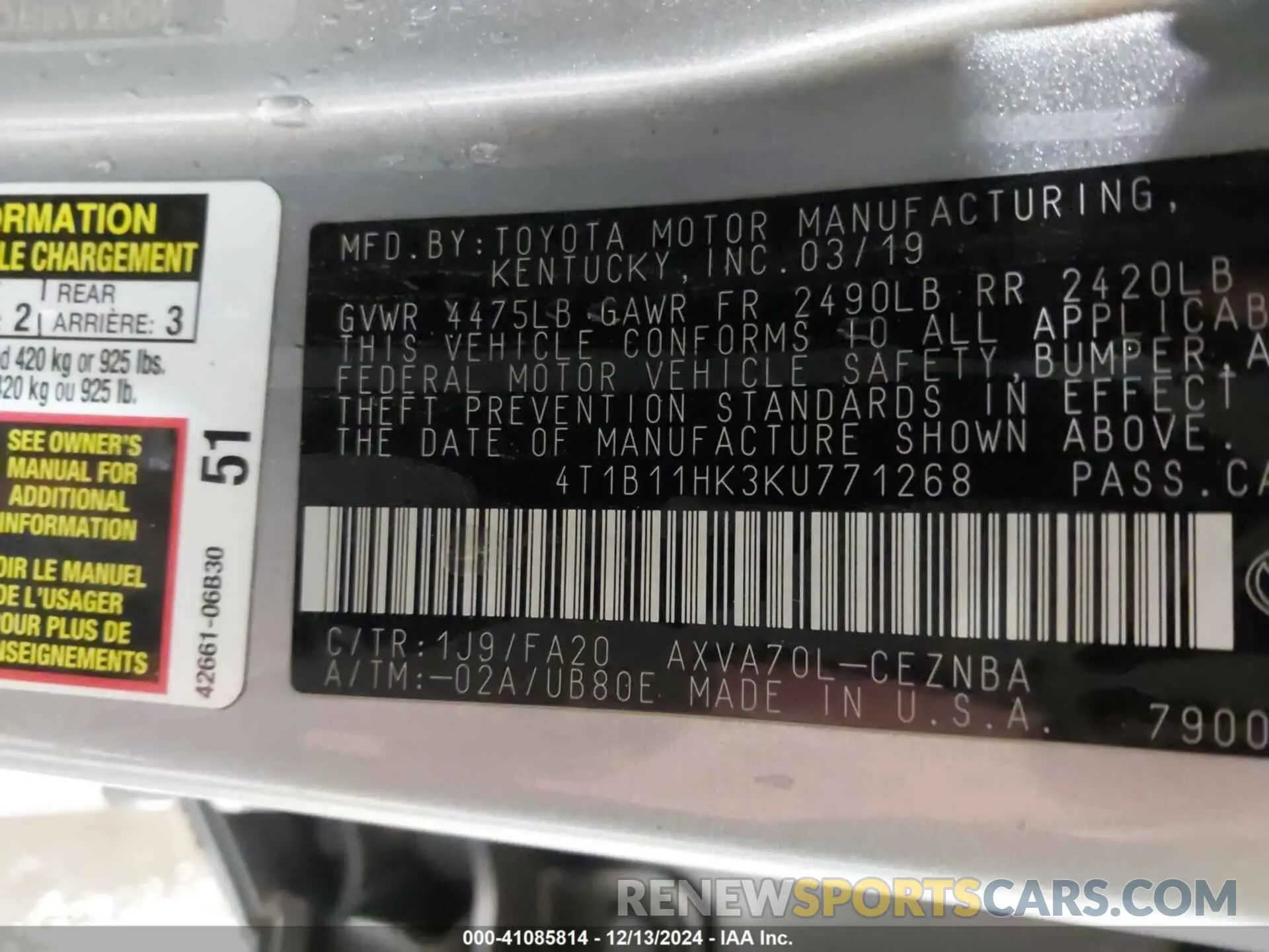 9 fotografías del automóvil dañado 4T1B11HK3KU771268 TOYOTA CAMRY 2019