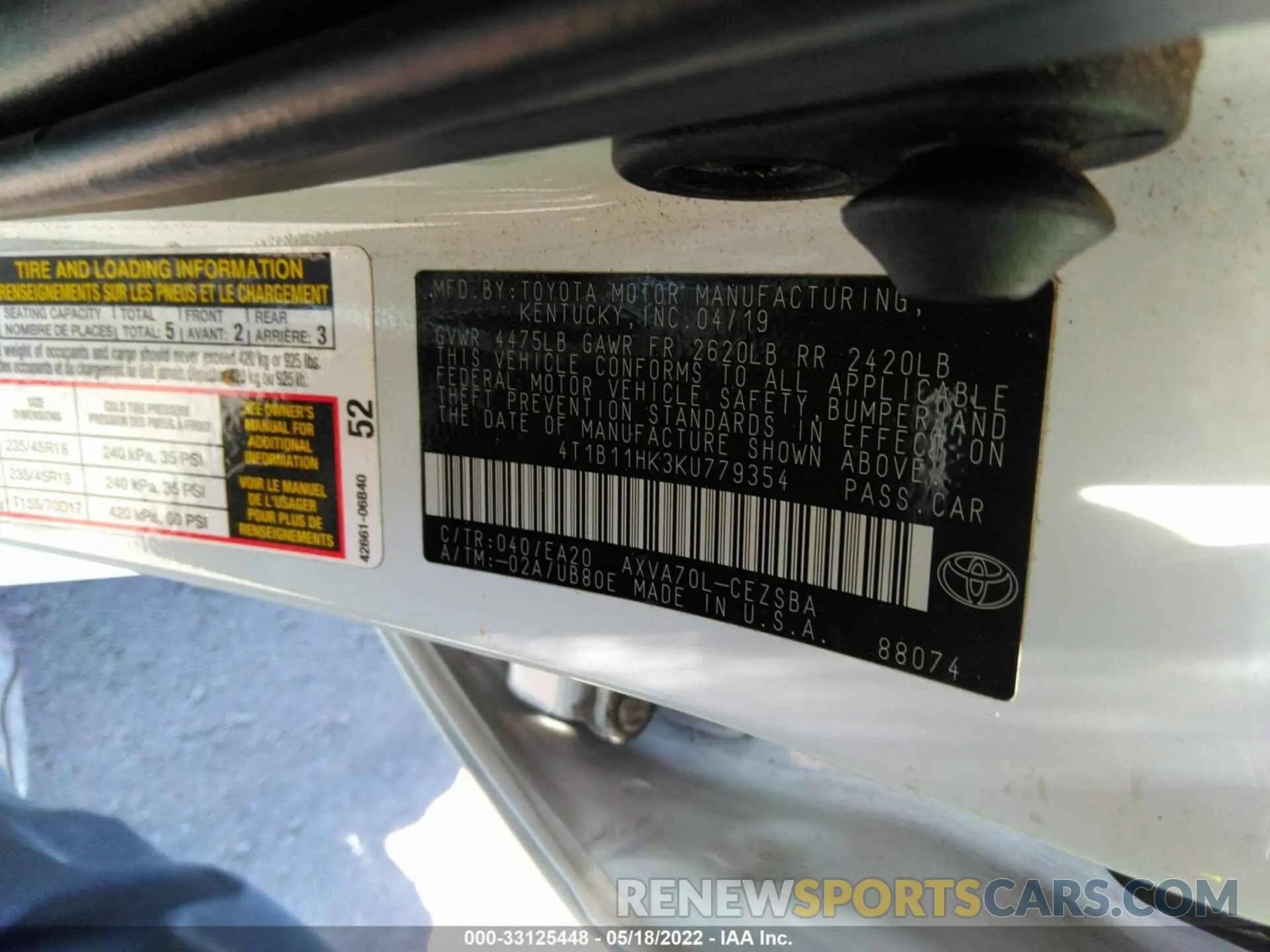 9 fotografías del automóvil dañado 4T1B11HK3KU779354 TOYOTA CAMRY 2019
