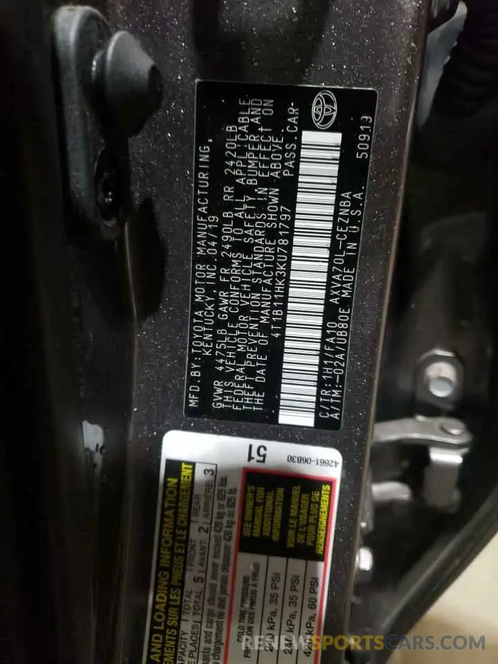 10 fotografías del automóvil dañado 4T1B11HK3KU781797 TOYOTA CAMRY 2019