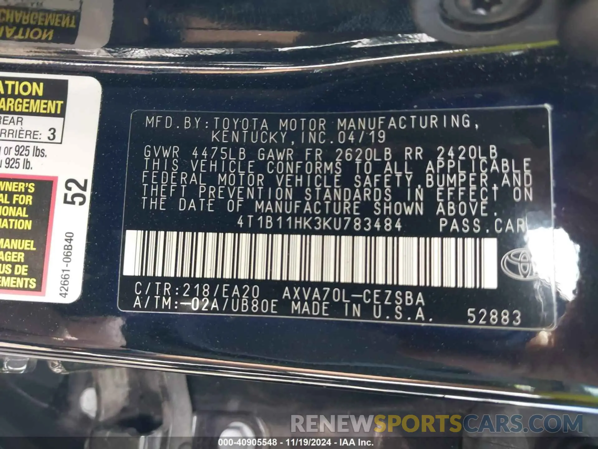 9 fotografías del automóvil dañado 4T1B11HK3KU783484 TOYOTA CAMRY 2019