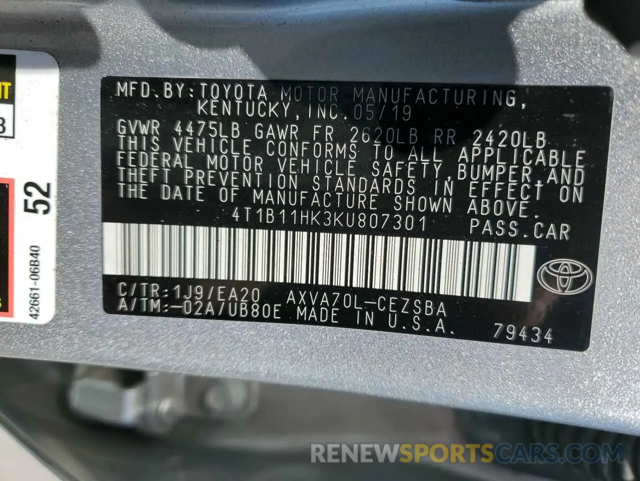12 fotografías del automóvil dañado 4T1B11HK3KU807301 TOYOTA CAMRY 2019