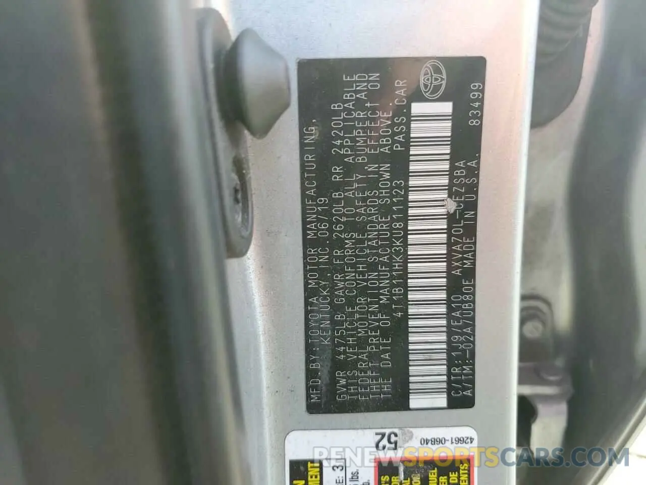 12 fotografías del automóvil dañado 4T1B11HK3KU811123 TOYOTA CAMRY 2019