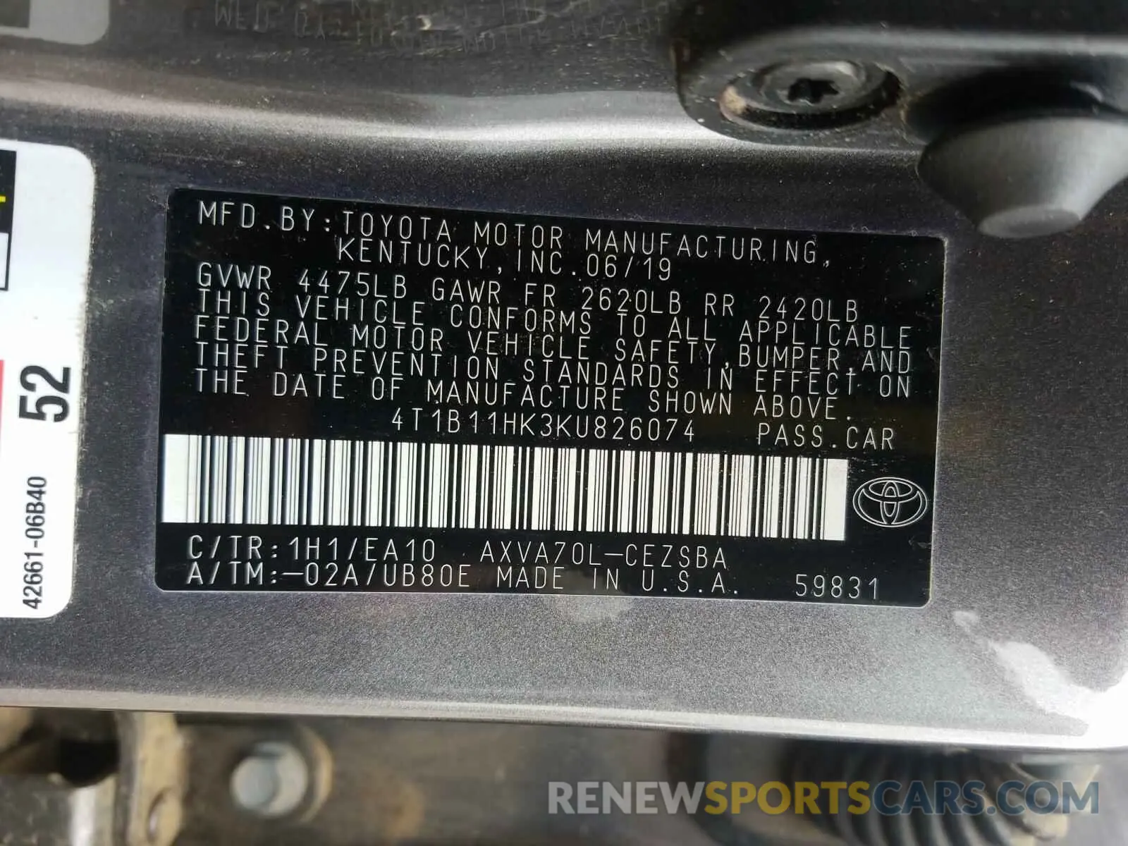 10 fotografías del automóvil dañado 4T1B11HK3KU826074 TOYOTA CAMRY 2019