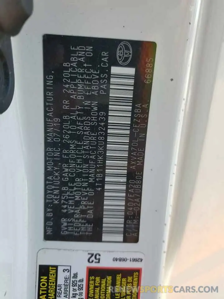 14 fotografías del automóvil dañado 4T1B11HK3KU832439 TOYOTA CAMRY 2019