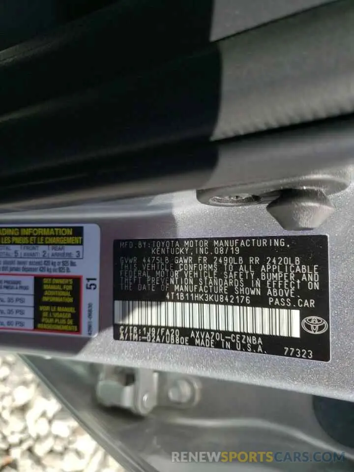 10 fotografías del automóvil dañado 4T1B11HK3KU842176 TOYOTA CAMRY 2019