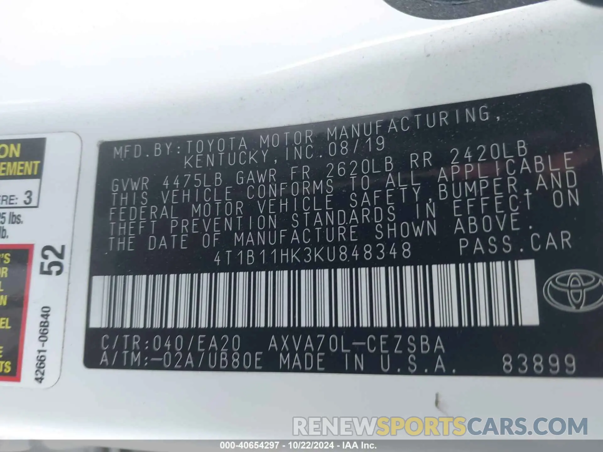9 fotografías del automóvil dañado 4T1B11HK3KU848348 TOYOTA CAMRY 2019