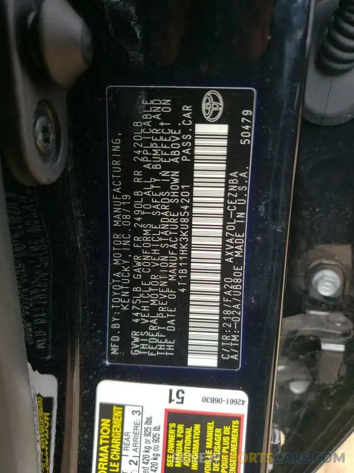 10 fotografías del automóvil dañado 4T1B11HK3KU854201 TOYOTA CAMRY 2019