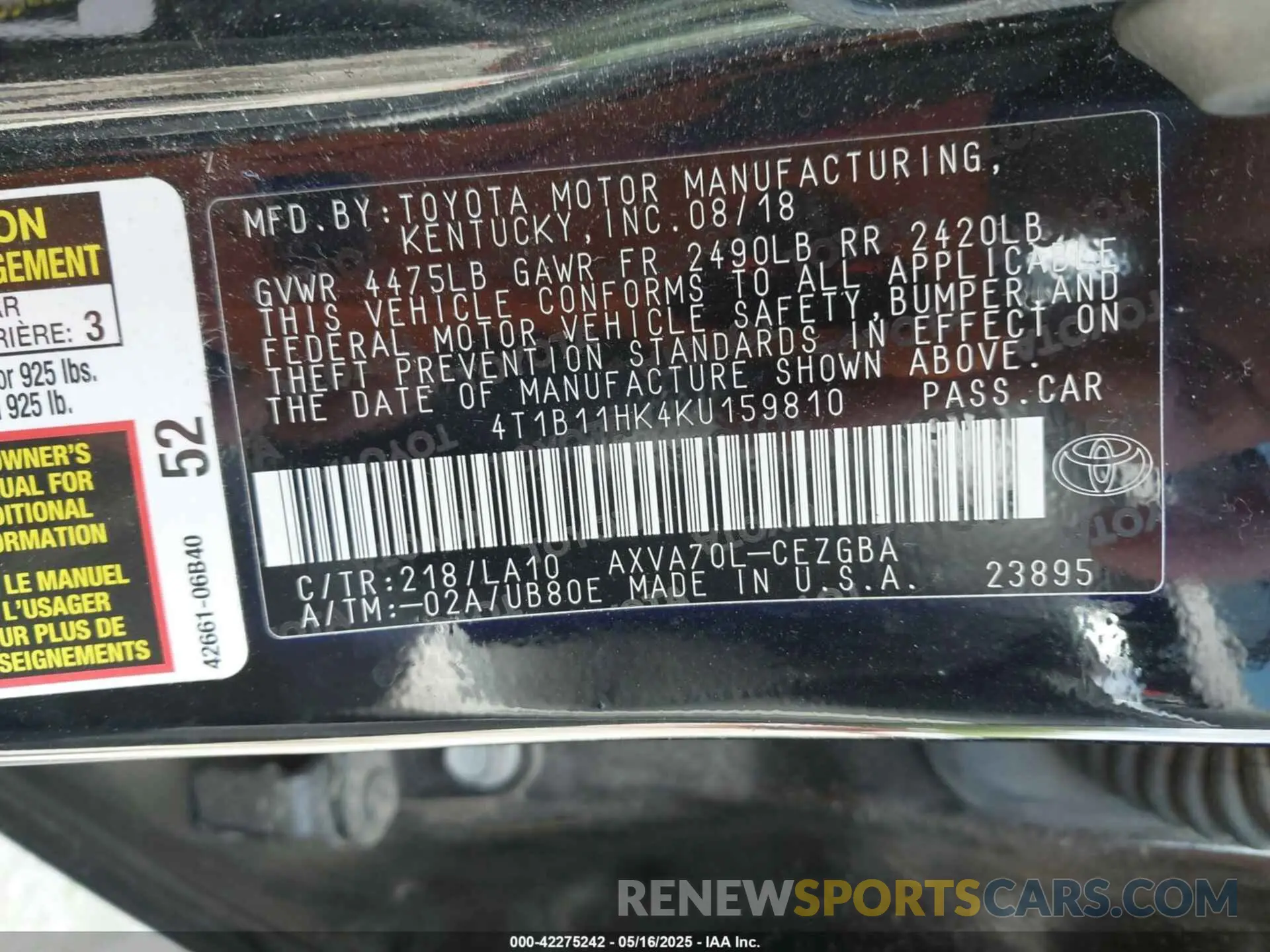 9 fotografías del automóvil dañado 4T1B11HK4KU159810 TOYOTA CAMRY 2019