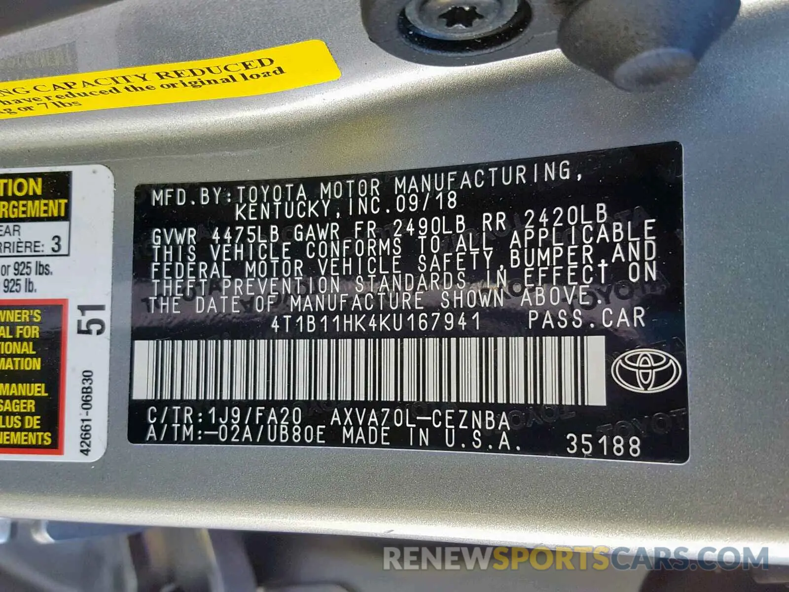 10 fotografías del automóvil dañado 4T1B11HK4KU167941 TOYOTA CAMRY 2019
