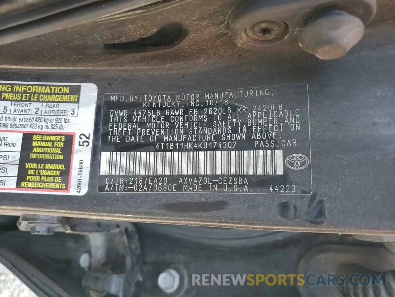 12 fotografías del automóvil dañado 4T1B11HK4KU174307 TOYOTA CAMRY 2019