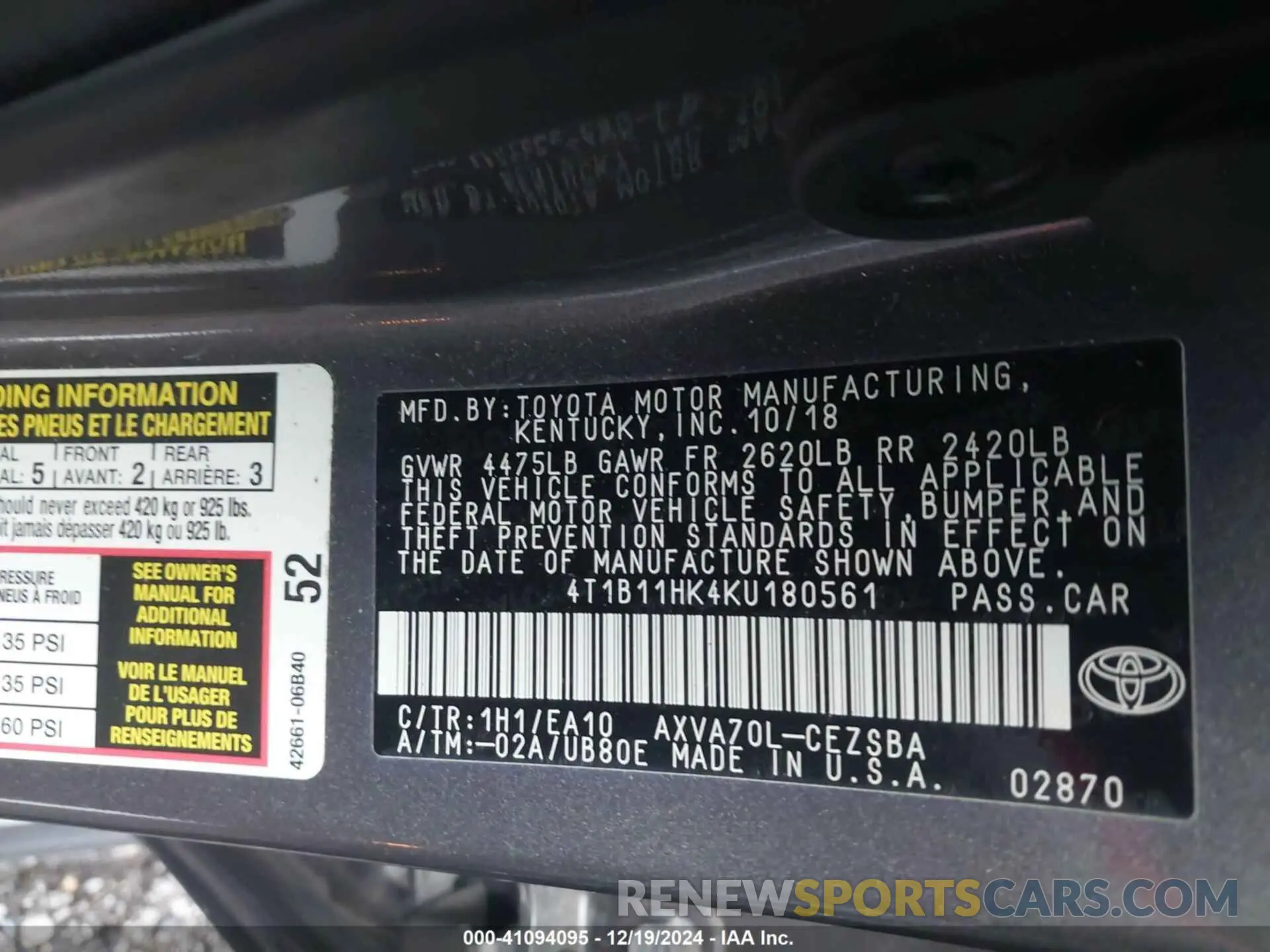 9 fotografías del automóvil dañado 4T1B11HK4KU180561 TOYOTA CAMRY 2019