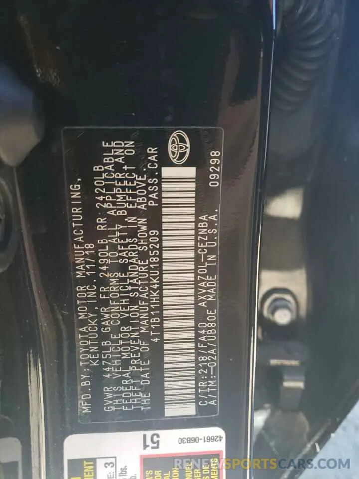 12 fotografías del automóvil dañado 4T1B11HK4KU185209 TOYOTA CAMRY 2019