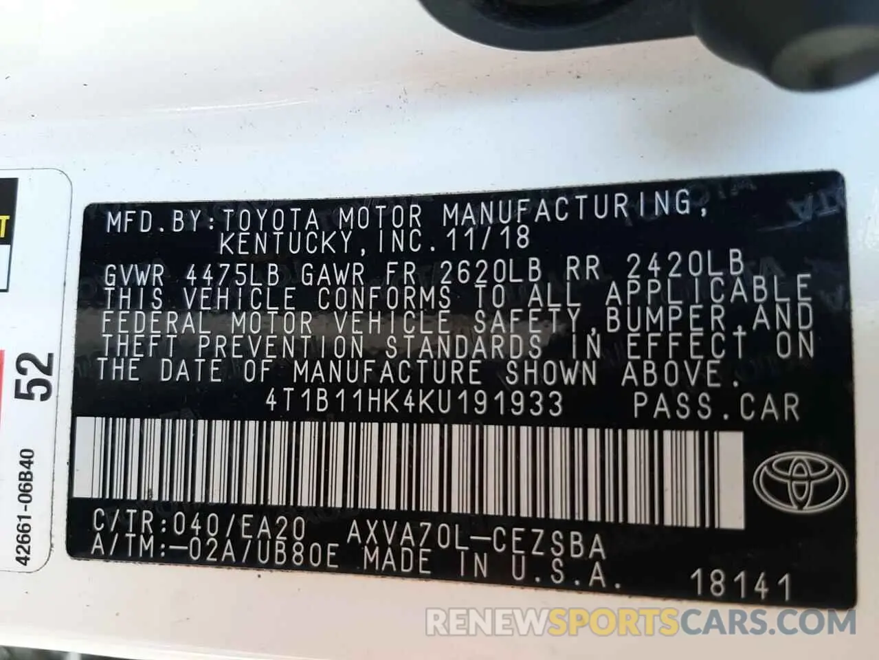 13 fotografías del automóvil dañado 4T1B11HK4KU191933 TOYOTA CAMRY 2019