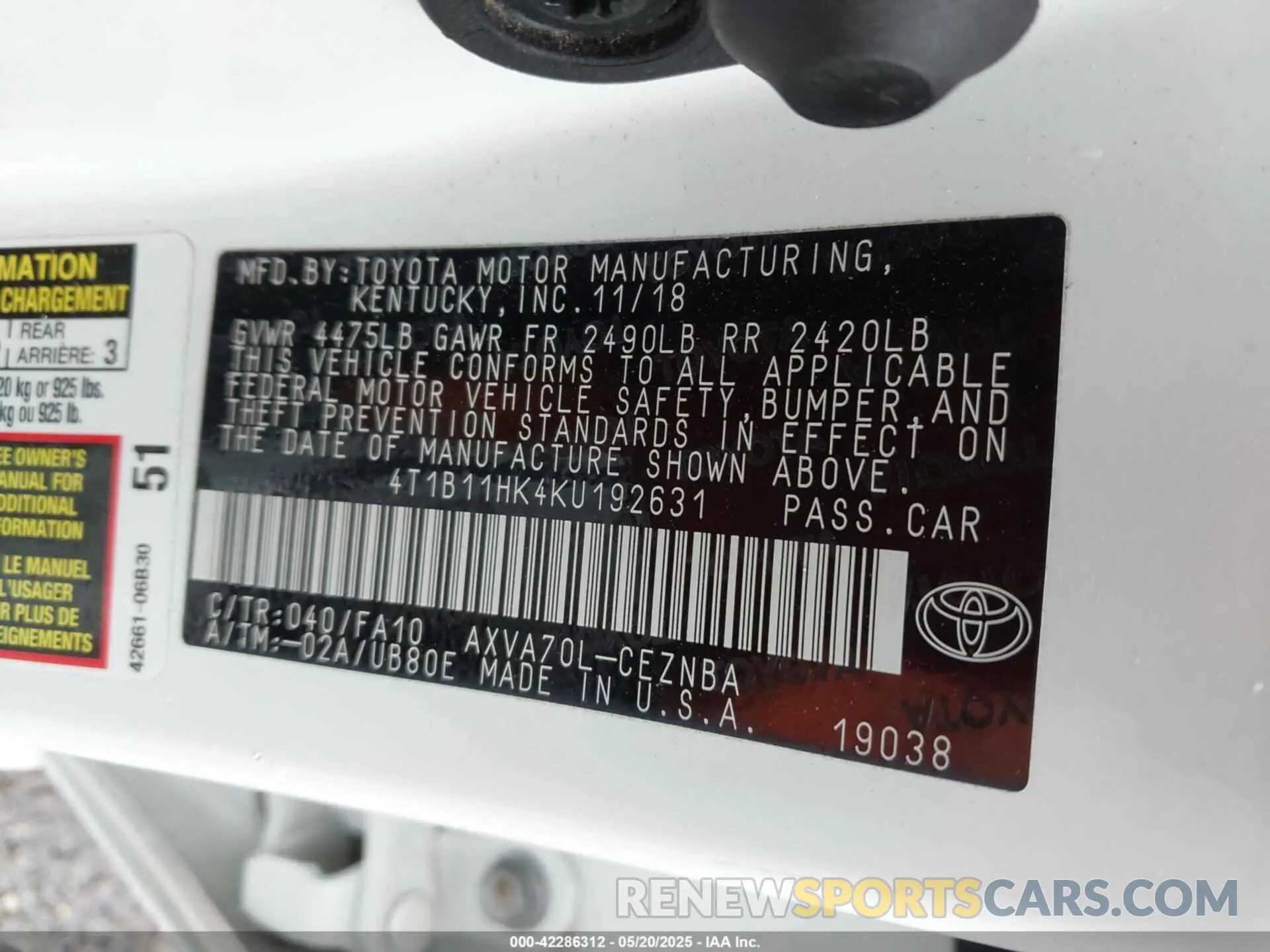 9 fotografías del automóvil dañado 4T1B11HK4KU192631 TOYOTA CAMRY 2019