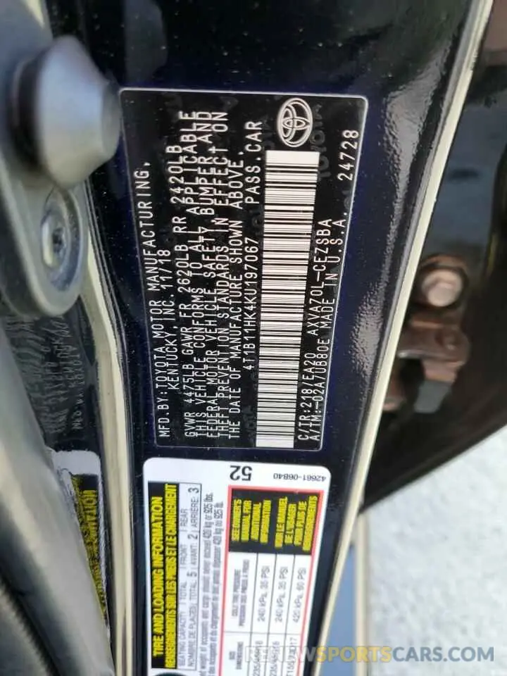 13 fotografías del automóvil dañado 4T1B11HK4KU197067 TOYOTA CAMRY 2019