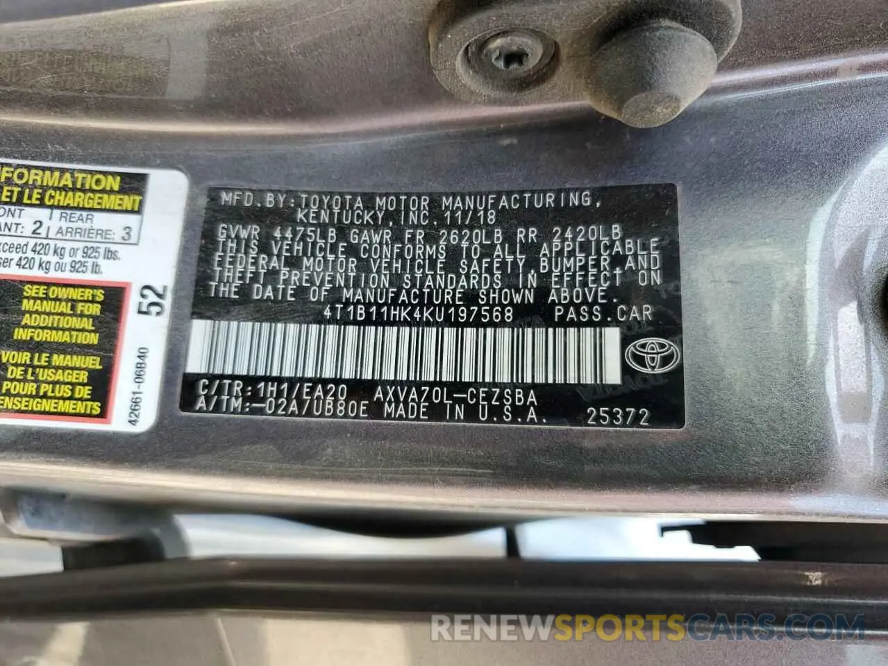 13 fotografías del automóvil dañado 4T1B11HK4KU197568 TOYOTA CAMRY 2019