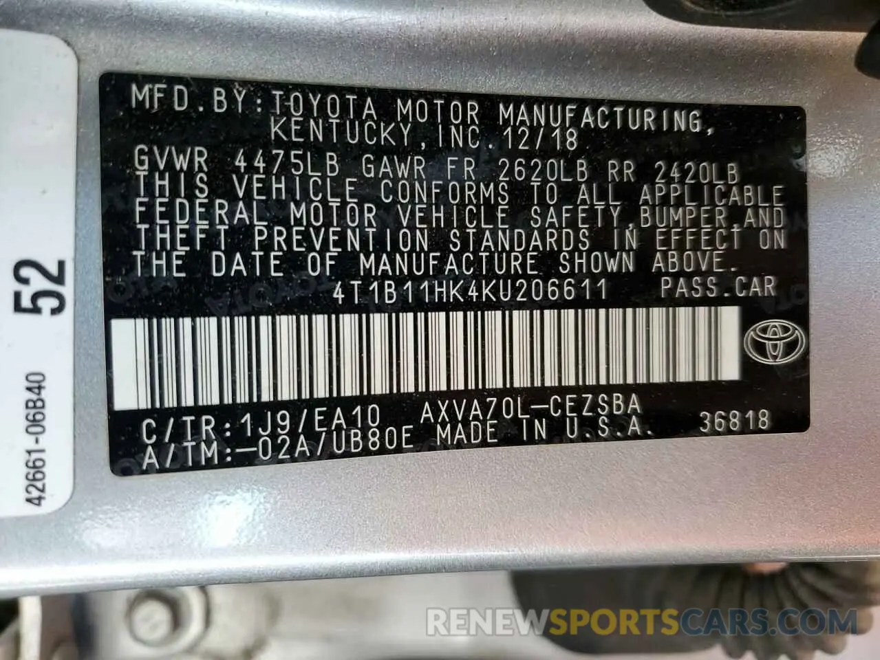 12 fotografías del automóvil dañado 4T1B11HK4KU206611 TOYOTA CAMRY 2019