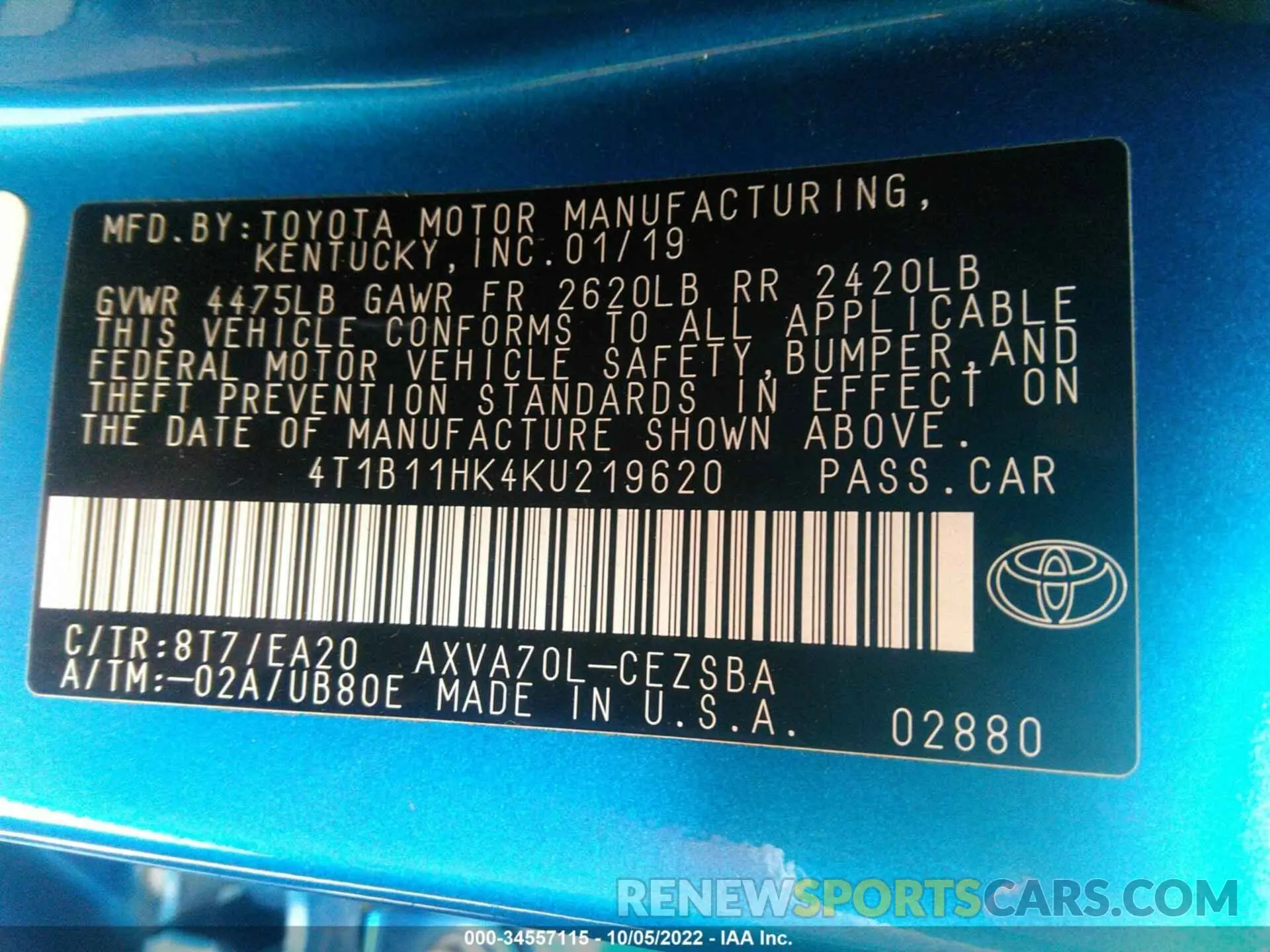 9 fotografías del automóvil dañado 4T1B11HK4KU219620 TOYOTA CAMRY 2019