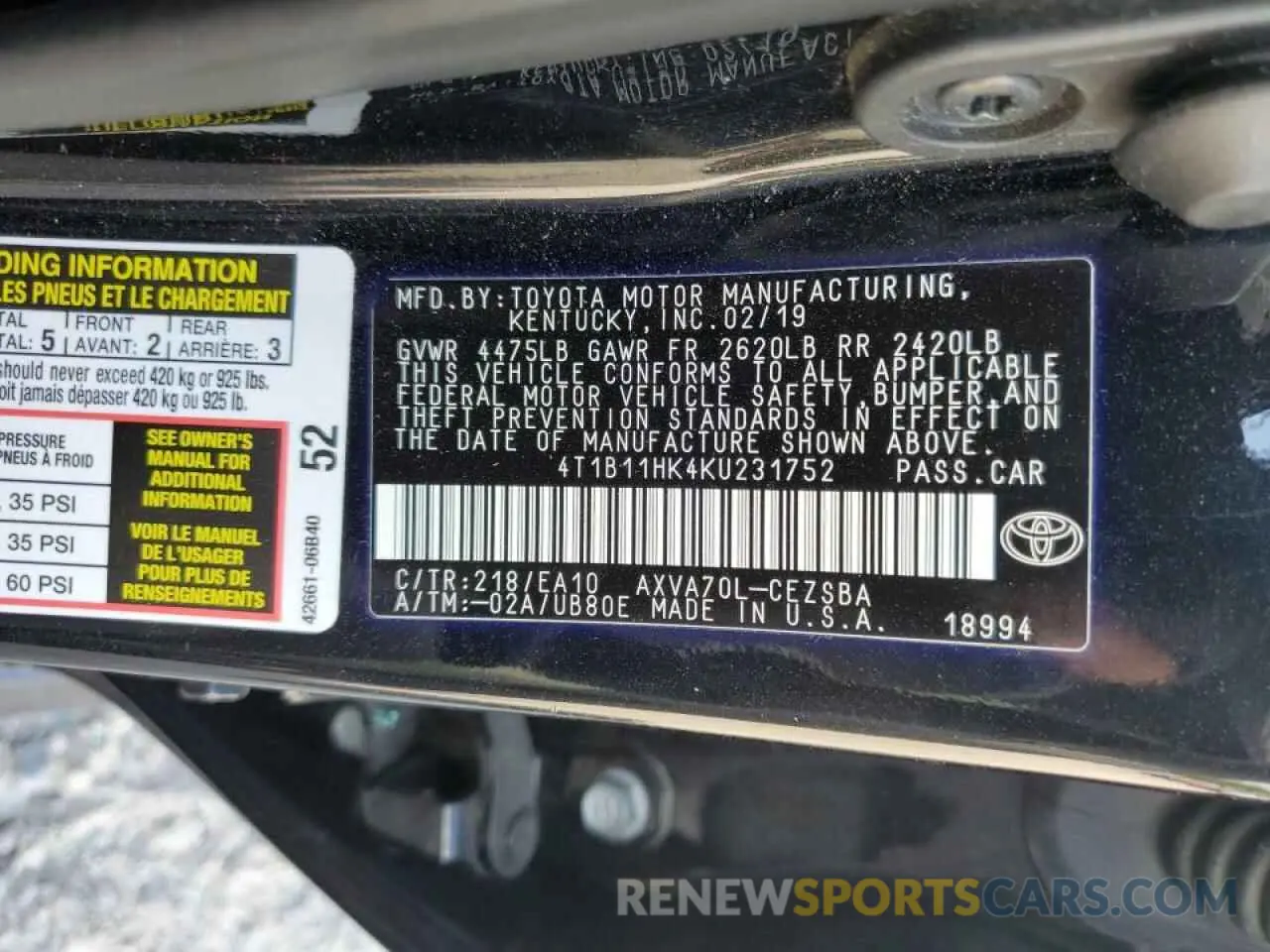 10 fotografías del automóvil dañado 4T1B11HK4KU231752 TOYOTA CAMRY 2019