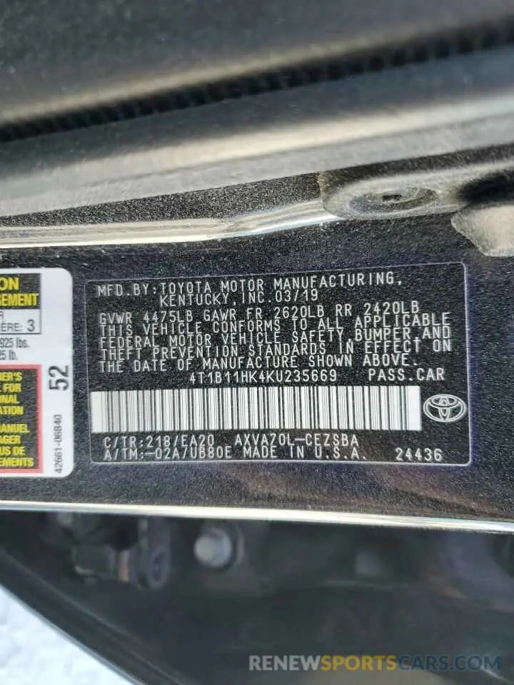 12 fotografías del automóvil dañado 4T1B11HK4KU235669 TOYOTA CAMRY 2019