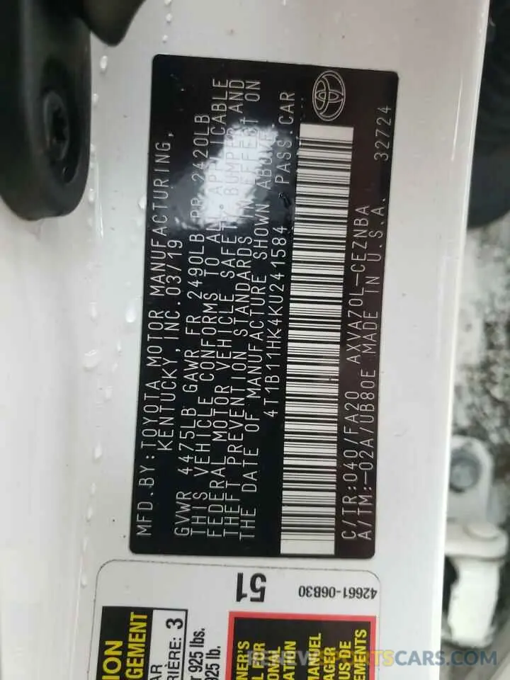 13 fotografías del automóvil dañado 4T1B11HK4KU241584 TOYOTA CAMRY 2019