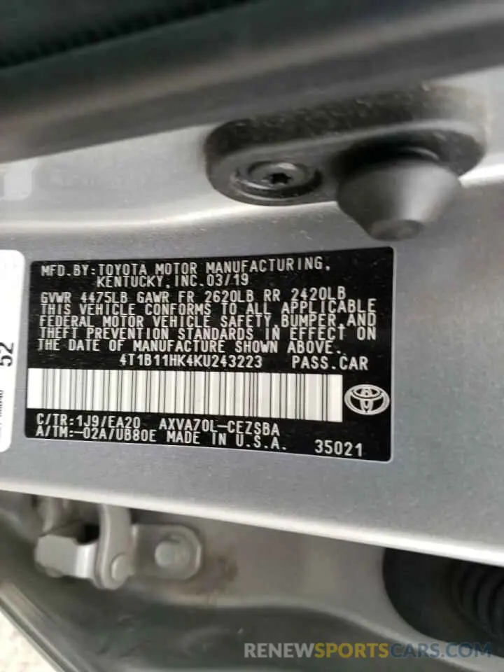 10 fotografías del automóvil dañado 4T1B11HK4KU243223 TOYOTA CAMRY 2019