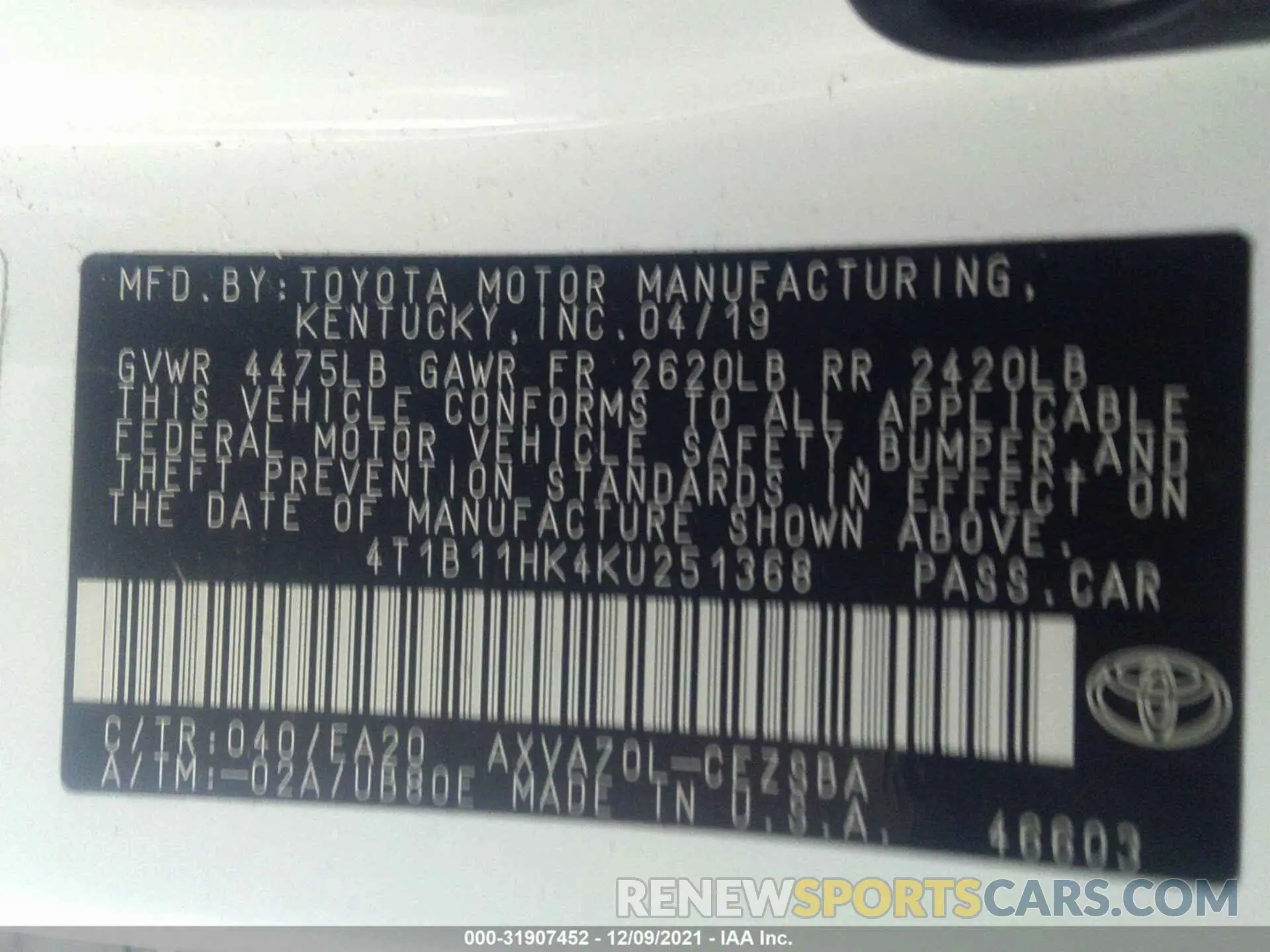 9 fotografías del automóvil dañado 4T1B11HK4KU251368 TOYOTA CAMRY 2019