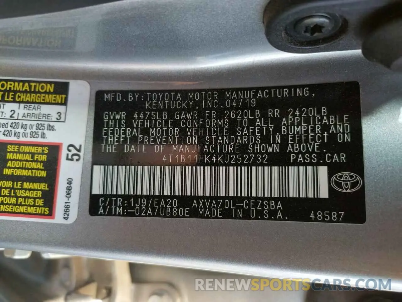 10 fotografías del automóvil dañado 4T1B11HK4KU252732 TOYOTA CAMRY 2019