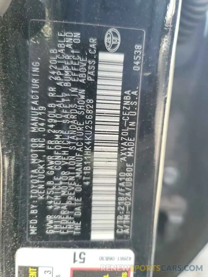 10 fotografías del automóvil dañado 4T1B11HK4KU256828 TOYOTA CAMRY 2019