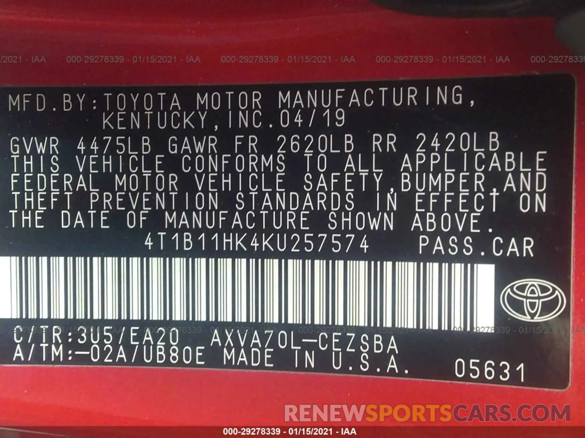 9 fotografías del automóvil dañado 4T1B11HK4KU257574 TOYOTA CAMRY 2019