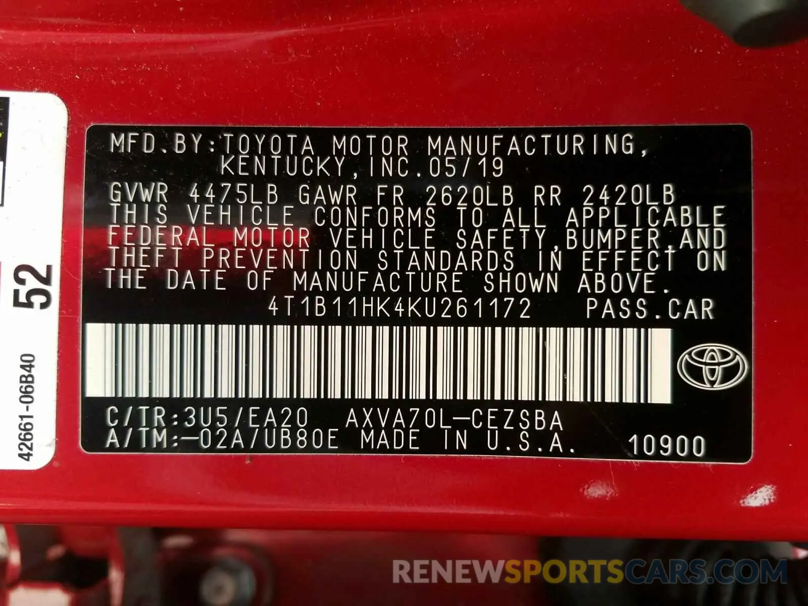 10 fotografías del automóvil dañado 4T1B11HK4KU261172 TOYOTA CAMRY 2019