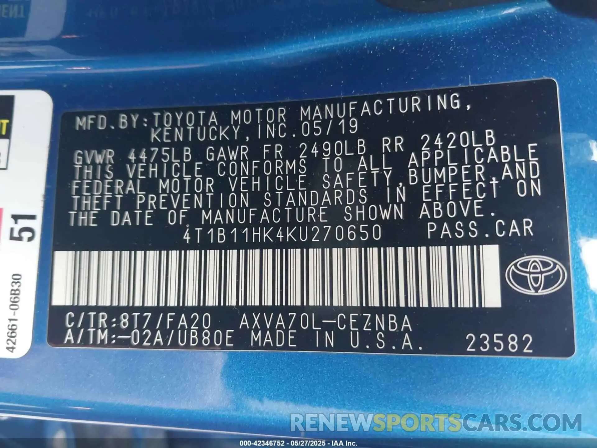 9 fotografías del automóvil dañado 4T1B11HK4KU270650 TOYOTA CAMRY 2019