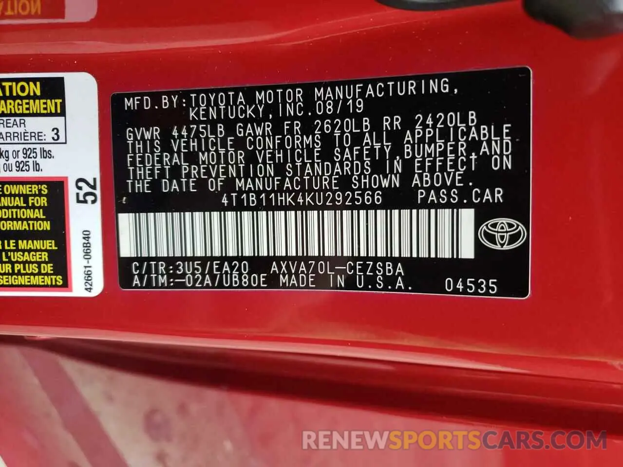 13 fotografías del automóvil dañado 4T1B11HK4KU292566 TOYOTA CAMRY 2019