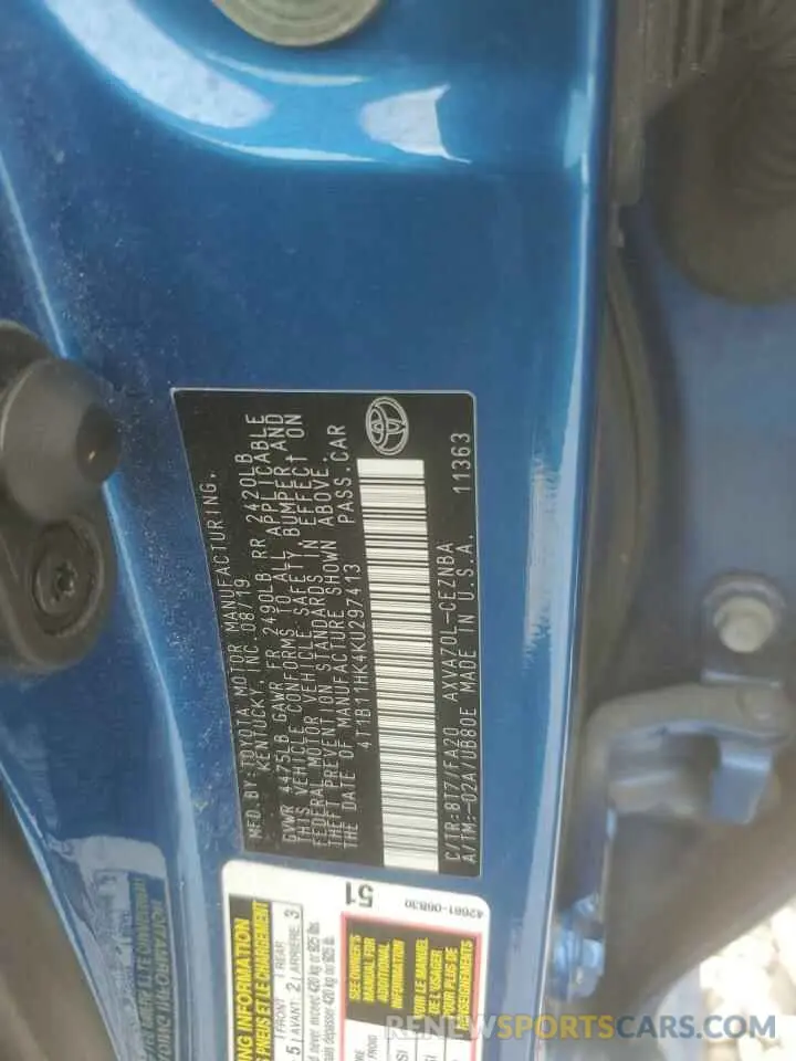 12 fotografías del automóvil dañado 4T1B11HK4KU297413 TOYOTA CAMRY 2019