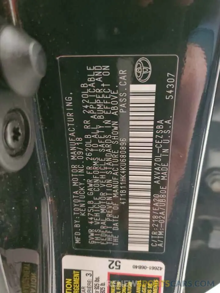 13 fotografías del automóvil dañado 4T1B11HK4KU680896 TOYOTA CAMRY 2019