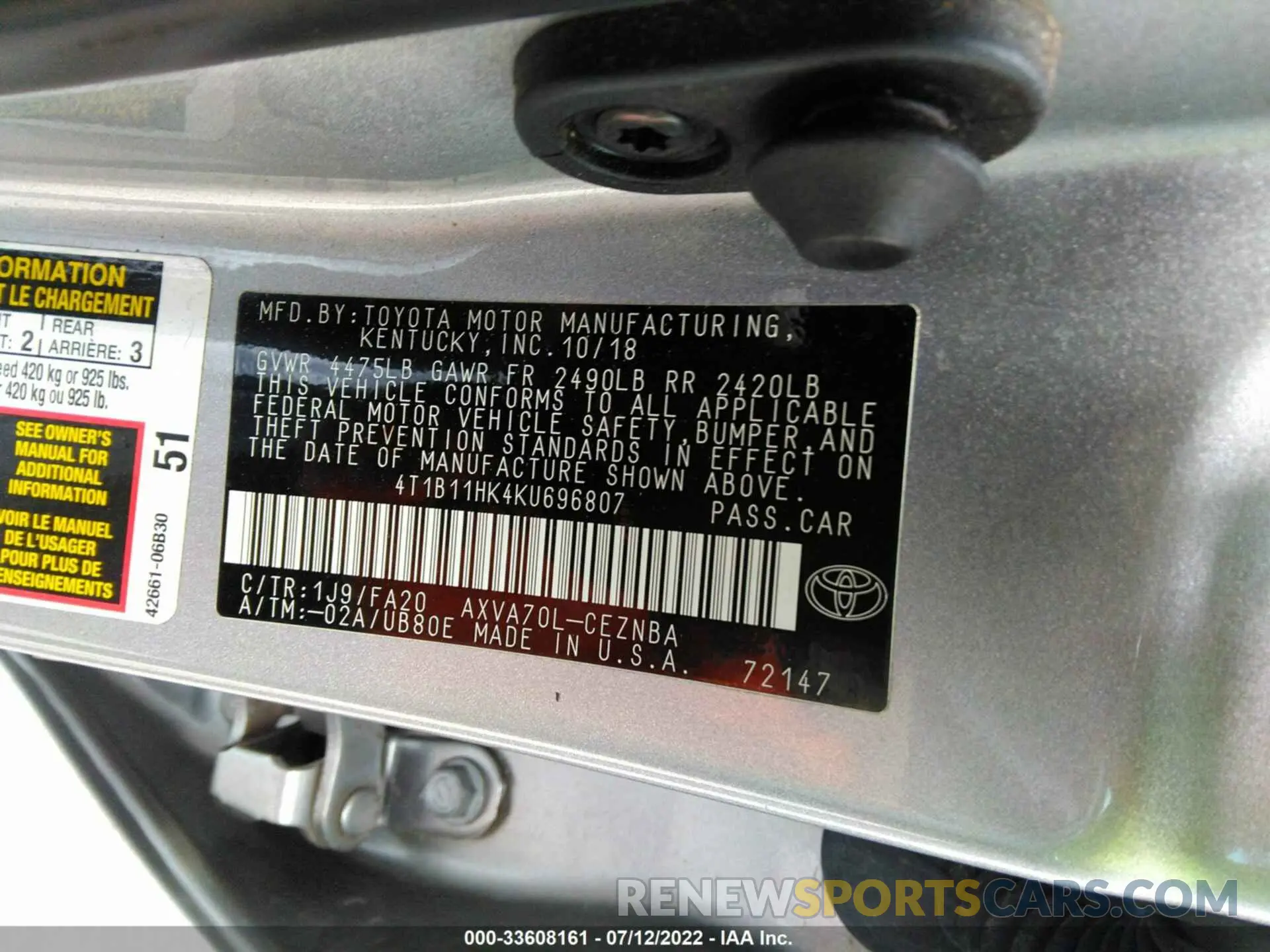 9 fotografías del automóvil dañado 4T1B11HK4KU696807 TOYOTA CAMRY 2019