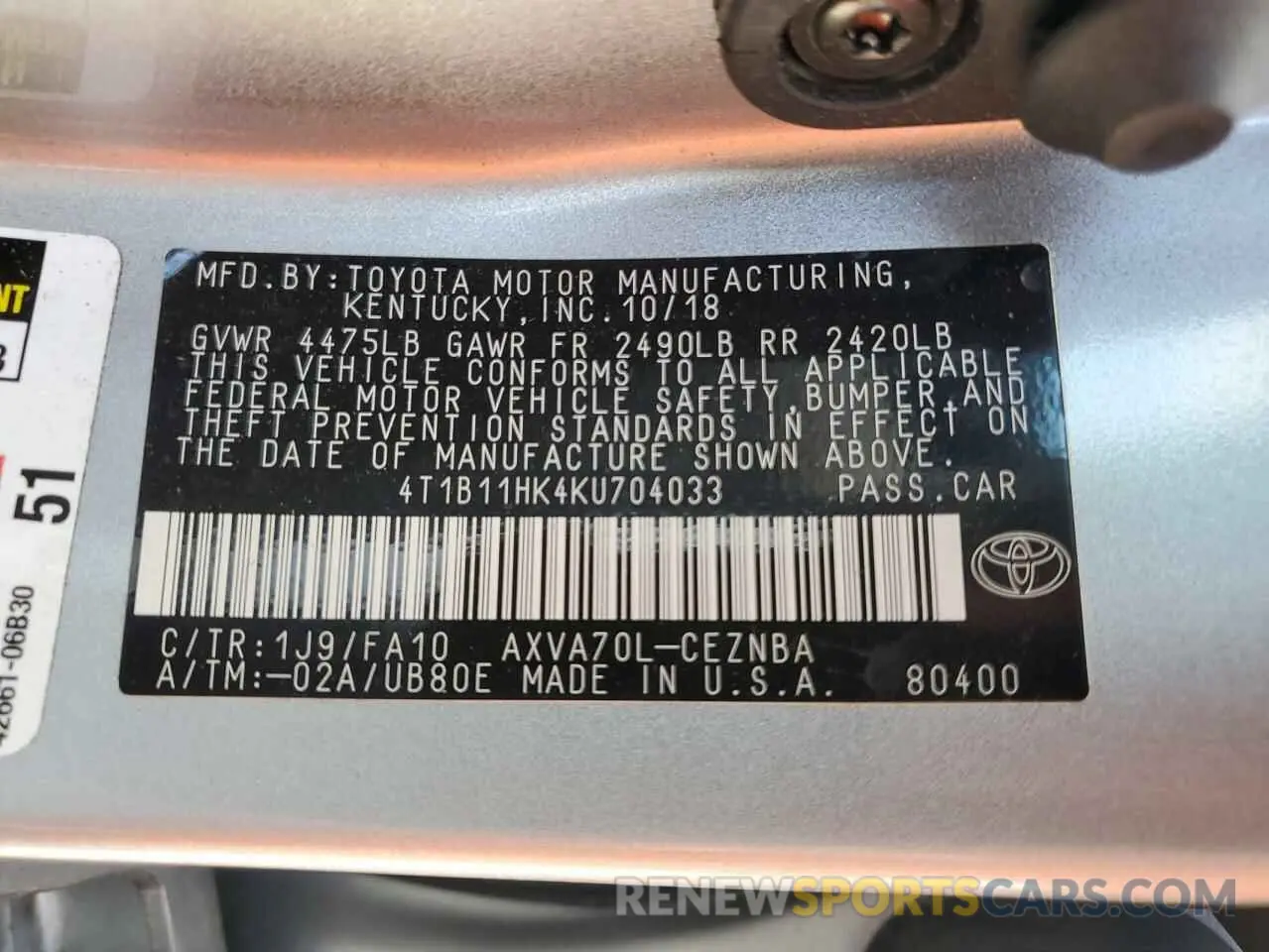 13 fotografías del automóvil dañado 4T1B11HK4KU704033 TOYOTA CAMRY 2019